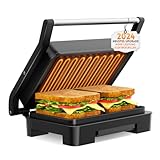 Kontaktgrill, Steak und als Panini Grill, Elektrogrill/Sandwichtoaster, Brotmaschine, Edelstahl Tischgrill mit Grill, Brotbackform, Antihaft-Beschichtung (Grau)