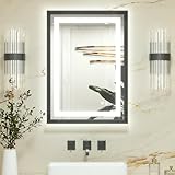 Keonjinn Badspiegel mit Beleuchtung Schwarz Metallrahmen 50x70cm, Badezimmerspiegel Beleuchtet Beschlagfrei Led Bad Spiegel mit Touch-Schalter, 3 Lichtfarben Dimmbar Speicherfunktion Wandspiegel