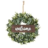 YQBFTC 45CM Türkranz Künstliche Eukalyptus,Eukalyptus Kranz mit Willkommensschild,Türkranz Frühling Sommer Außen Modern Deko zum Aufhängen,Türkranz Ganzjährig Deko für Haustür Hochzeit Bauernhaus Flur