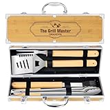 4-teiliges Grillwerkzeug-Set mit Aluminiumkoffer – Vatertags- und Geburtstagsgeschenk für Vater, Edelstahl & Bambusgriff für Outdoor-Grillen