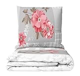 Leonado Vicenti Biber Bettwäsche Set 135x200 Kariert Blumen Grau Rosa Weiß 80x80 Winterbettwäsche Kuschelig Warm Reißverschluss 2 teilig