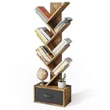 Xbro Bücherregal Baumform,Bücherregal 7 Ebenen,Bücherregal Baumform mit Schublade,Baum CD DVD Regal,Bücherregal Holz für Wohnzimmer, Schlafzimmer, Heimbüro,38 x 19.5 x 113 cm,Regal Vintagebraun