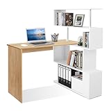 Mondeer Computertisch L-Förmig, Eckschreibtisch, mit 360 Grad Drehbarem Bücherregal für Arbeitszimmer Wohnzimmer Büro, 157 x 45 x 130,5 cm, Eiche (Tischplatte) und Weiß (Regal)