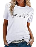 Tuopuda T-Shirt Damen Sommer Oberteile Rundhals Kurzärmeliges Print Bluse Basic Shirt Bequem Baumwolle Tunika Tee Tops Schlank Hemd für Frühling Sommer Herbst, Z1-Weiß, S