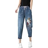 Frauen Casual Bequeme Literarische Stickerei Elastische Hohe Taille Schneiden Hosen Jeans Damen Jeans Weites Bein Hoher Bund Graue Jeans (Blue, XL)