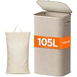 Lifewit Wäschekorb mit Deckel, 105L Wäschesammler mit Kunststoffrahmen, faltbarer großer Wäschesortierer, Wäschebox Laundry Baskets für Schlafzimmer, Bad, Beige