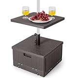 COSTWAY Sonnenschirmständer mit Rollen, Tischablage, Griff und beschwerter Tasche, 3-in-1 Schirmständer 45 Liter / 67 kg befüllbar mit Wasser oder Sand, Beistelltisch für Garten, Terrasse, Braun