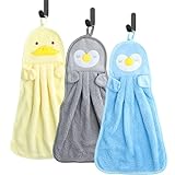 Lunaanda Kinder Handtücher Set, 3 Stück Tier Kinderhandtuch mit Aufhängeschlaufe und Haken, Weiche Mikrofaser Waschlappen Saugfähige Gesichtstücher für Badezimmer und Küche, für Kinder und Erwachsene