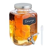 Relaxdays Getränkespender mit Fruchteinsatz, Limobehälter 4L, Zapfhahn & Deckel, Bowlegefäß, Glas, Metall, transparent