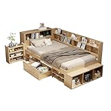 Kinderbett,Stauraumbett, Holzbett,Einzelbett, multifunktionales Kinderbett mit ausziehbarer Nachttisch Schubladen, Regal und Stauschrank, großer Stauraum, Lattenrost, ohne Matratze, Natur (90*200 cm)