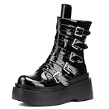 Gicoiz Damen Runde Zehen Halbschaft Plateau Keilabsatz Gothic Stiefel Punk Höhe Ferse Combat Equestrian Lack Riding Stiefeletten Schnalle Schwarz Gr 40 EU-41Cn