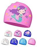 Badekappe für Kinder von 4-12 Jahren, wasserdichtes Silikon mit niedlichen Mustern (Rosa Seejungfrau)