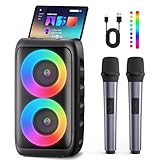 Karaoke Maschine, Karaoke Anlage Mit 2 Mikrofonen, Tragbare Karaoke Maschine Mit 2 Drahtlosen Mikrofone, Bluetooth Lautsprecher Box Für Erwachsene/Kinder Mit Led Lichteffekte, Black