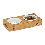 Relaxdays Doppel Napfständer Bambus, Keramikschalen Wasser & Futter, spülmaschinenfest, Napfbar Katzen, kl. Hunde, natur