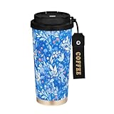linqin Blue Leafs Fruits Reisebecher Togo mit Deckel, Edelstahl, isolierter Autobecher für heiße und kalte Getränke, 480 ml, auslaufsicher