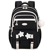Amythe Rucksack Mädchen, Schulranzen für 3.-5. Klasse, Lässiger Große Kinderrucksack mit Pom-Pom-Anhänger & Sternenabzeichen, Leichter Schulrucksack Teenager mit Trolleyband -Schwarz
