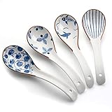 Asiatische Suppenlöffel, 6.3 Zoll Keramik Chinesische Suppenlöffel, Retro Muster Ramen Löffel für Suppe Dumplings Pho Wonton Miso, 4 Stück (Braun)