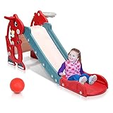 Yakimz Rutsche Kinder mit Basketballkorb und Englisch Frühbildungsgerät, Faltbar Rutschbahn Kinderrutsche, Stabil Gartenrutsche, Wellenrutsche, Kleinkinderrutsche für Indoor und Outdoor, Rot