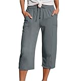 Musselin Hose Damen 3/4 - Leinenhose Damen Sommer Caprihose Sommerhose Leicht Stoffhose High Waist Elastische Kordelzug Baumwolle Leinen Capri Hosen Dreiviertel Freizeithose Strandhose für Frauen