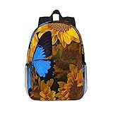 AABSTBFM Schulrucksack mit gelben Sonnenblumen mit blauen Schmetterlingen, leicht, College-Rucksack, 38,1 cm (15 Zoll), Laptop-Schultaschen, klassischer Reise-Schulrucksack für Mädchen und Jungen
