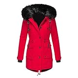 Cantissa Langer Damen-Parka mit Pelzbesatz, mit Kapuze, gepolstert, Winterjacke, Mantel, Winter, warme Baumwolle, Steppjacke, Parka mit Kunstfell-Kapuze, Y3-Rot, M