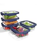 BOROHOUSE 5er-Pack Borosilikatglasbehälter mit gehärtetemDeckel, 1040 ml/ 4,4 Tassen, luftdichtes Mahlzeiten-Vorbereitungs-Set, mikrowellen-/gefriergeeignet, Blau