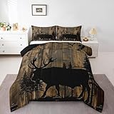 Homemissing Hirsch Bettdecke 155x220cm Kinder Wild Western Bauernhaus Wald Vögel Tierjagd Steppbett für Jungen Mädchen Teenager Retro Vintage Holz Plank 4-Jahreszeiten Bettdecke Zimmer Dekor