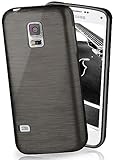 MoEx Sehr dünne Silikonhülle kompatibel mit Samsung Galaxy S5 / S5 Neo | Stil gebürstetes Aluminium, Schwarz