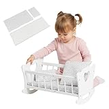 Puppenwiege aus Holz mit Bettwäsche – Puppenbett mit Matratze, Kissen & Decke, Schaukelwiege für Puppen bis 49,5 cm, Holzspielzeug für Mädchen ab 3 Jahren