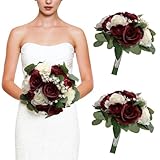 DIYDOFUN Blumensträuße für Brautjungfern, 27,9 cm, 27,9 cm, künstliche Blumensträuße für Hochzeitszeremonie, Brautparty, Burgunderrot und Weiß, 2 Stück