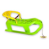 BUSDUGA 4022 Schlitten Grün 90cm mit Rückenlehne und Gurt, 2in1, Metallkufen, robuster Kunstostoff, Zugseil