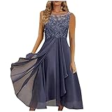 Damen-Cocktailkleider, elegante Spitze, Netzstoff, kurz, 3/4-Ärmel, schwingend, A-Linie, Midi-Kleid mit innenliegendem kurzem Rock, ärmellos, Chiffon-Schlitz, Rüschensaum, Partykleid, Ärmelloser