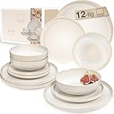 SÄNGER | Geschirrset Korfu 12 tlg, Tafelservice 4 Personen, Steingut Geschirr Handmade, Teller Set inkl. Essteller Dessertteller Tiefe Teller Creme Farben mit Sandiger Maserung | PREMIUM COLLECTION