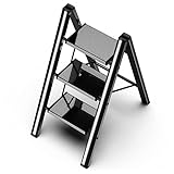 3 Stufenleiter Aluminium Leichtgewicht Klappbarer Tritthocker Breites Anti-Rutsch-Pedal 330 Lbs Kapazität Haushalt Büro Tragbare Leiter,Schwarz