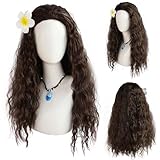 FOUNSHO Prinzessin Perücke mit Blume Damme Prinzessin Kostüm Party Perücke Fancy Dress Up Für Frauen Braun Lockige Perücken Lange Kostüm Halloween Cosplay Zubehör (Braun)