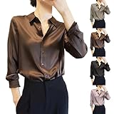 Satin Hemd Damen Langarm V-Ausschnitt Hemd Die Seide Elegant Lässige Business Oberteile Mit Knöpfen Arbeit Einfarbig Hemdbluse Hosenanzug Damen Festlich Hochzeit Seidenbluse Festliche (A1-Coffee, XXL)