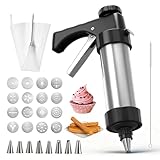 Wapasezyar Gebäckpresse für Spritzgebäck, Edelstahl Spritzgebäck Presse mit 16 Schablonen, 9 Tüllen, Spritzbeutel und Reinigungsbürste, Teigspritze für Kuchen Kekse Churros