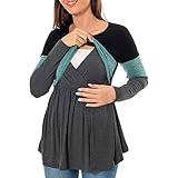Damen Umstands-Langarm-T-Shirt mit Rundhalsausschnitt, Farbblock, Stilltops, zum Stillen, Schwangerschaftskleidung (Mint Green, L)