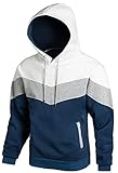 Hoodie Herren Pullover Sweatshirt Farbblock Vlies Langarm Kapuzenpullover Sweatjacke mit Tasche weiß Grau Blau L