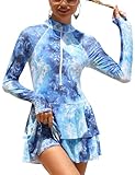 Panegy Einteiliger Badeanzug für Damen, Reißverschluss vorne, Strandmode, Bedruckt, langärmelig, Rashguard, Schwimmkleid mit Rock, Mittelblau