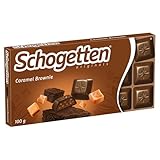Schogetten Caramel Brownie 100g Schokoladentafel, Vollmilch-Schokolade mit Karamell & Brownie-Stücken, portionierte Stückchen. Ein Genuss. Stück für Stück.