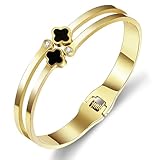 YeGieonr Armreif Armband Damen Gold, 19K Vergoldetes Edelstahl Vierblättriges Kleeblatt Manschettenarmreif, Personalisiert Geburtstagsgeschenk für Frauen und Mädchen