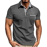 Herren-T-Shirt, einfarbig, lockerer Stehkragen, Tasche, kurzärmelig, T-Shirt für Herren, grau, S