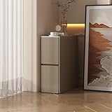 Weißer, moderner, minimalistischer Schlafzimmerschrank aus Massivholz mit schmaler Kopfpartie und Schieferarbeitsplatte, Mini-Nachttisch mit schmaler Kante im minimalistischen Schlafzimmer-Wohnzimmer