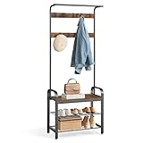 VASAGLE Garderobenständer, Garderobe, mit Schuhbank, 4-in-1 Design, 9 abnehmbare Haken, Kleiderstange, Eingangsbereich, Flur, 33,7 x 77 x 183 cm, Industrie-Design, vintagebraun-schwarz HSR40B