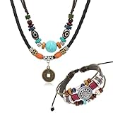 JEYORZY 2 Pcs Boho Schmuck Set Für Damen, Halskette Lederkette Damen, Surferkette Herren, Bohemian Stapelbare Wickelarmbänder Leder,Western Tribe Vintage Schmuck, Indianer Schmuck, Modeschmuck