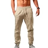 Puimentiua Leinenhose Herren,Leichte Sommerhose,Lang Slim Fit Leinenhose mit Tunnelzug und Taschen (Khaki,L)