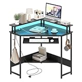 COSTWAY Eckschreibtisch mit Ladestation, dreieckiger Winkelschreibtisch mit LED, Tastaturablage & Monitorständer, Gaming Schreibtisch platzsparend, Ecktisch für Zuhause, Büro (Schwarz)