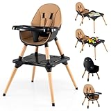 COSTWAY 6 in 1 Hochstuhl Baby, Kinderhochstuhl umwandelbar mit Bausteintisch, abnehmbarem Doppeltablett, Babyhochstiuhl, Babystuhl, Kombihochstuhl für 6-36 Monate Kinder (Braun)