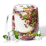 RUIOMII 370ml Doppelter Glastasse mit Blumen, Kaffeetassen Glas mit Henkel, Isolierte Kaffeetasse Geburtstag Geschenke für Mutter Freundin Lehrer